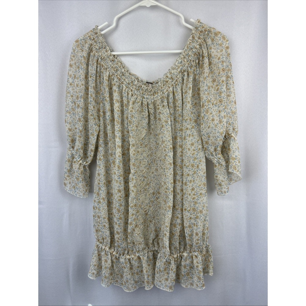 Free People Sheer Off Shoulder Tunic Blouse Bell 1/2 Sleeve Embroidered Front S